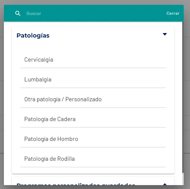 Panel de control de RehBody para la selección de patologías