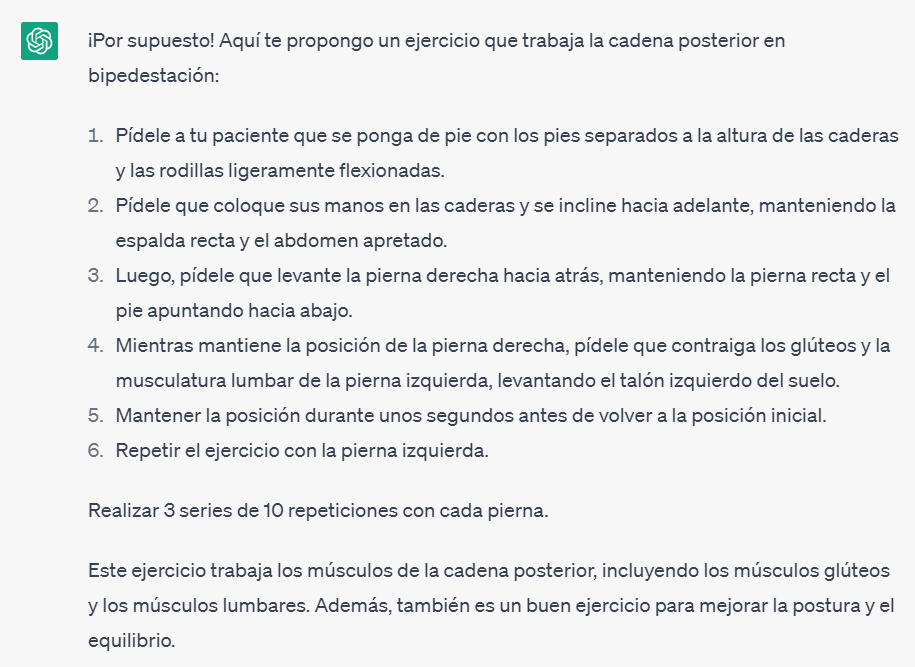Recomendación de ChatGPT para el ejercicio de cadena posterior en bipedestación, dentro de un programa de ejercicios de fisioterapia