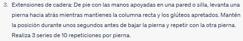 Recomendación de ChatGPT para el ejercicio de extensiones de cadera, dentro de un programa de ejercicios de fisioterapia
