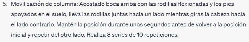 Recomendación de ChatGPT para el ejercicio de movilización de columna, dentro de un programa de ejercicios de fisioterapia