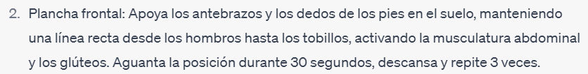 Recomendación de ChatGPT para el ejercicio de plancha frontal, dentro de un programa de ejercicios de fisioterapia