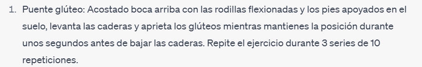 Recomendación de ChatGPT para el ejercicio de puente de glúteo, dentro de un programa de ejercicios de fisioterapia