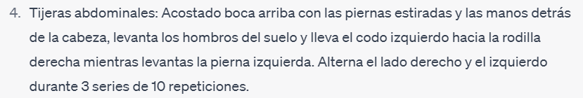 Recomendación de ChatGPT para el ejercicio de tijeras abdominales, dentro de un programa de ejercicios de fisioterapia