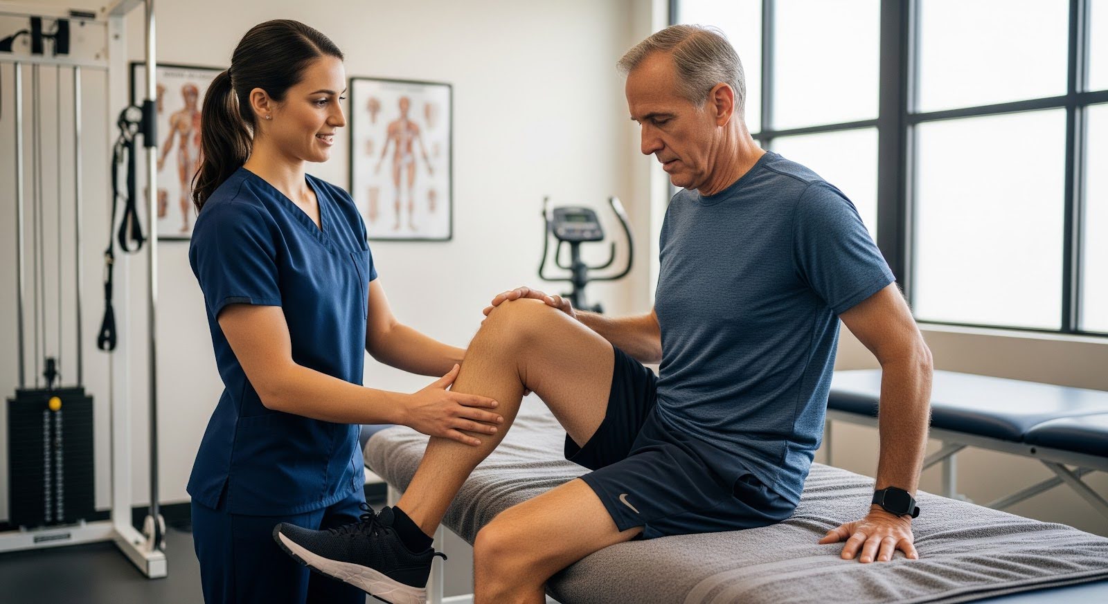 Fisioterapeuta atendiendo a paciente con dolor de rodilla.
