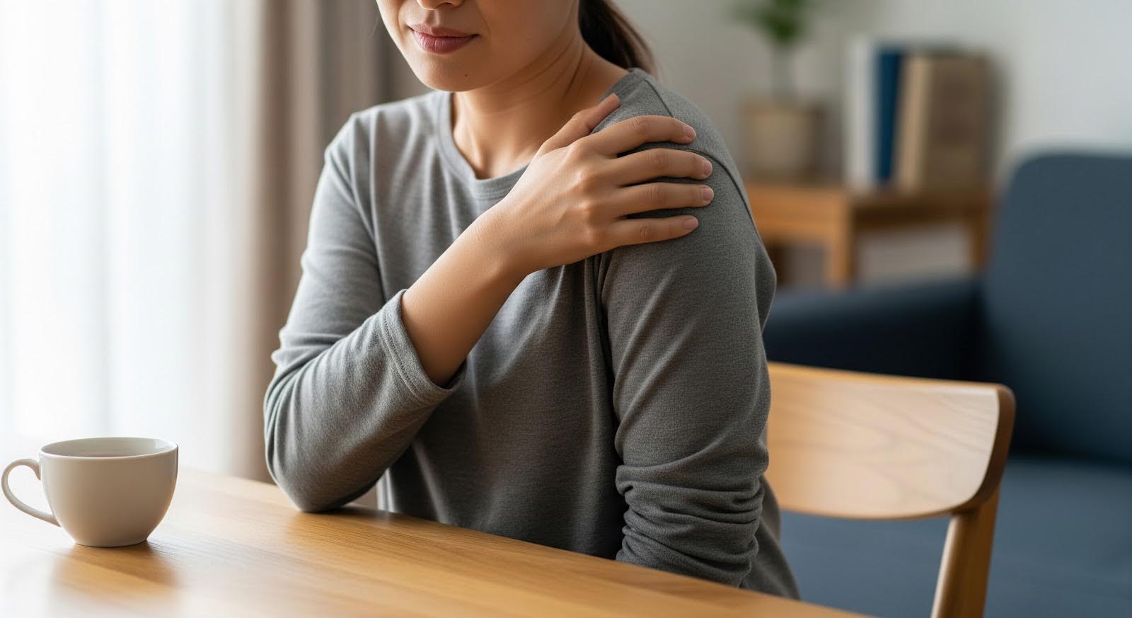 Mujer en casa con un dolor de hombro leve